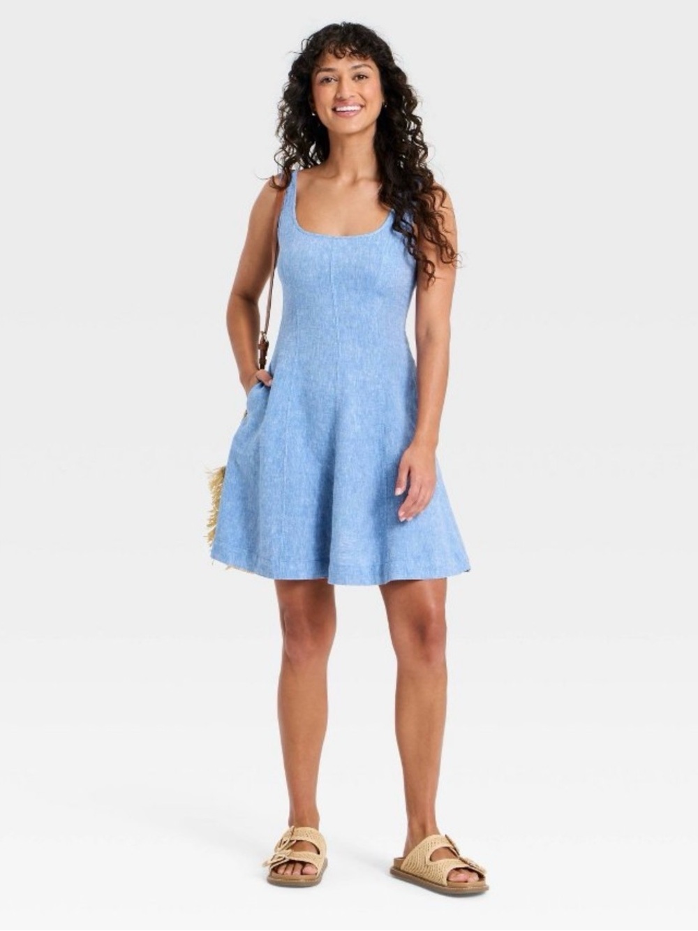 Light Blue Linen A-Line Dress with pockets  Womens Small